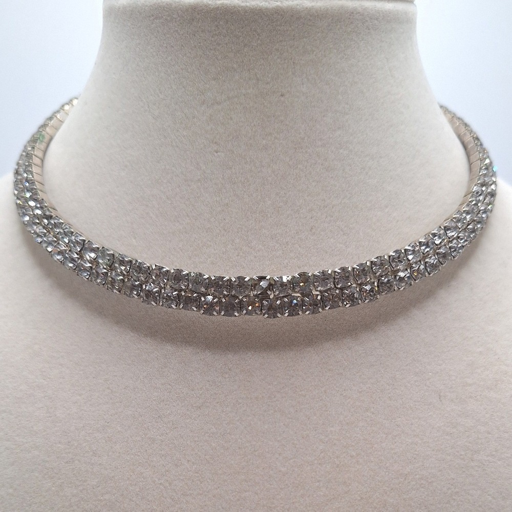 Vintage collar choker necklace rhinestones double row silver tone Mid Century